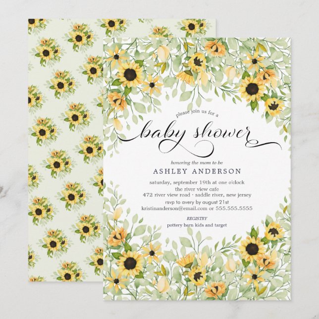 Autumn Yellow Sunflower Floral Baby Shower Invitation (Front/Back)