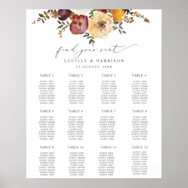 Autumnal Blooms Burgundy Wedding Seating Plan Poster (Front)