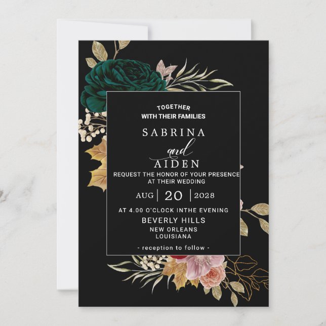 Autumnal Burgundy Emerald Greeny Black Wedding Invitation (Front)