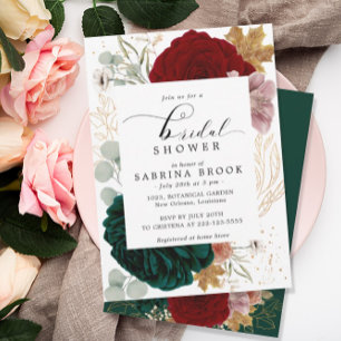 Autumnal Burgundy Emerald Greeny Bridal Shower Invitation