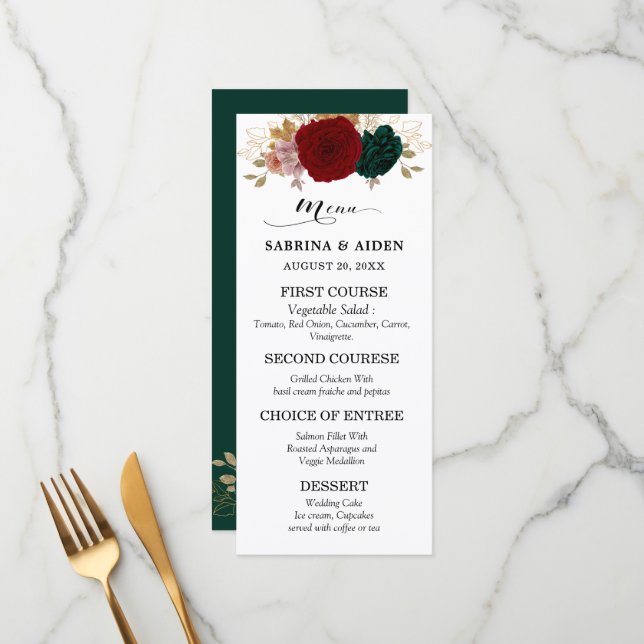 Autumnal Burgundy Emerald Greeny Floral Wedding Menu (Front/Back In Situ)