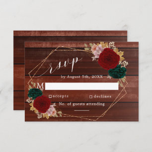Autumnal Burgundy Wooden Emerald Greeny Floral RSVP Card