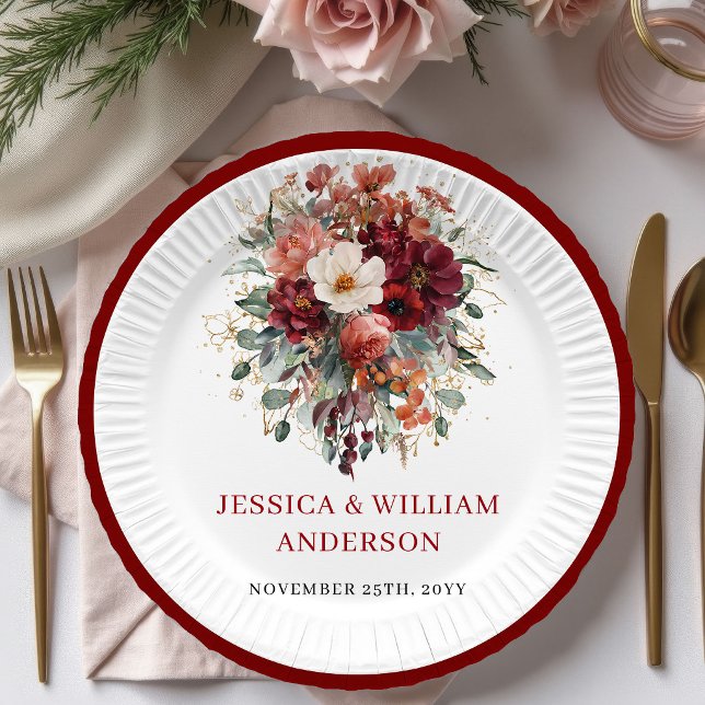 Autumnal Deep Red Floral Wedding Paper Plates (Autumnal Deep Red Floral Wedding Paper Plates

)