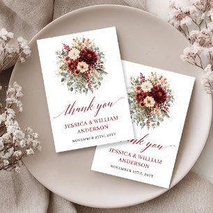Autumnal Deep Red Floral Wedding Thank You Card