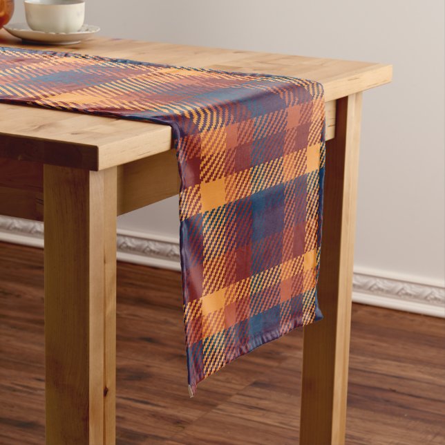 Autumnal Fall Earth Tones Tweed Plaid Pattern Short Table Runner (In Situ)