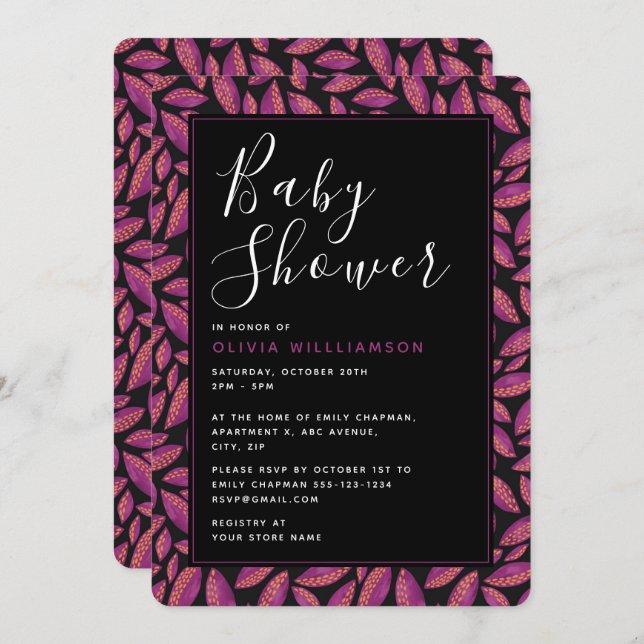 Autumnal Fall Purple Leaves Baby Shower Invitation (Front/Back)