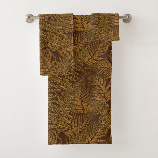 Autumnal fern on brown bath towel set (Insitu)