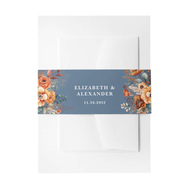 Autumnal floral names and wedding date elegant invitation belly band (Front Example)