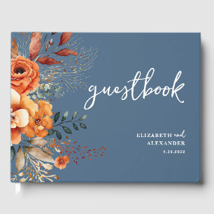 Autumnal floral warm tones botanical blue wedding guest book