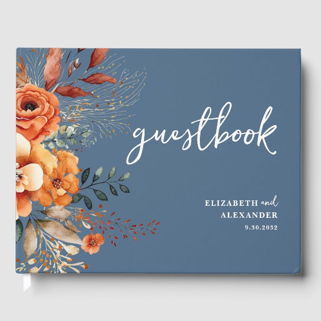 Autumnal floral warm tones botanical blue wedding  guest book (Front)