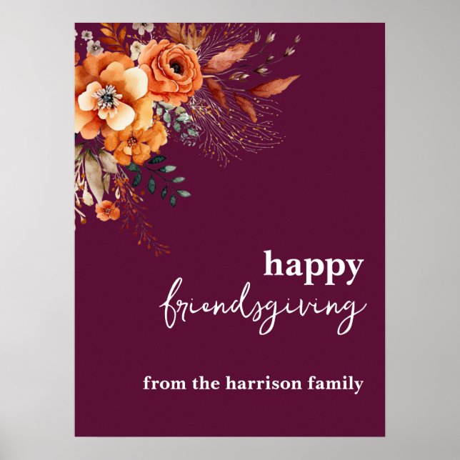 Autumnal flowers thanksgiving elegant burgundy poster (Front)