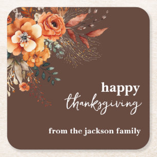 Autumnal flowers thanksgiving elegant square paper coaster
