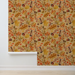 Autumnal forest on ochre wallpaper