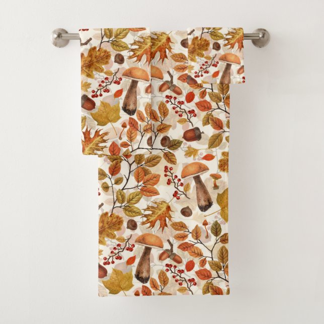 Autumnal forest on off white bath towel set (Insitu)