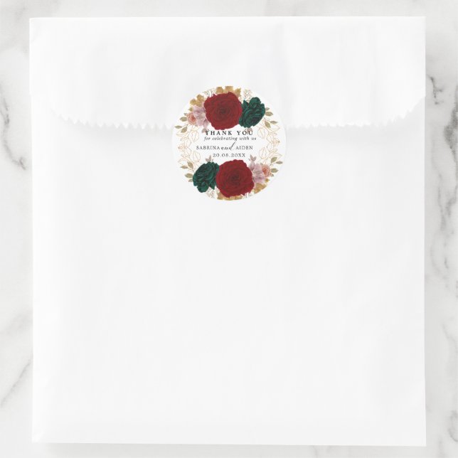 Autumnal Gold Burgundy Emerald Greeny Floral  Classic Round Sticker (Bag)