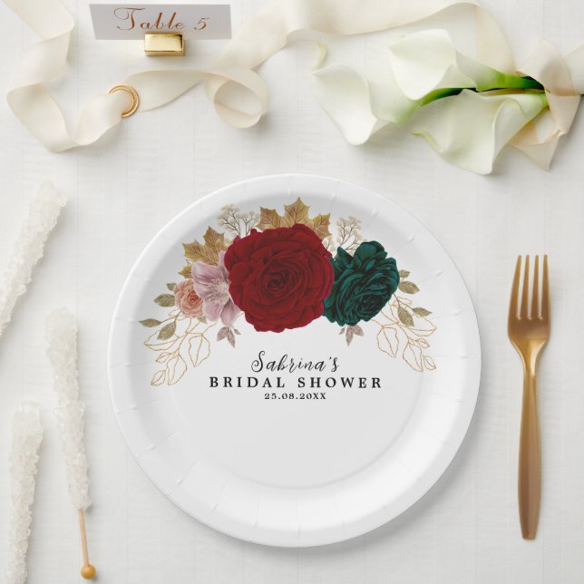 Autumnal Gold Burgundy Emerald Greeny Floral  Paper Plate (Wedding)