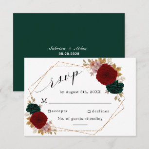 Autumnal Gold Burgundy Emerald Greeny Floral RSVP Card