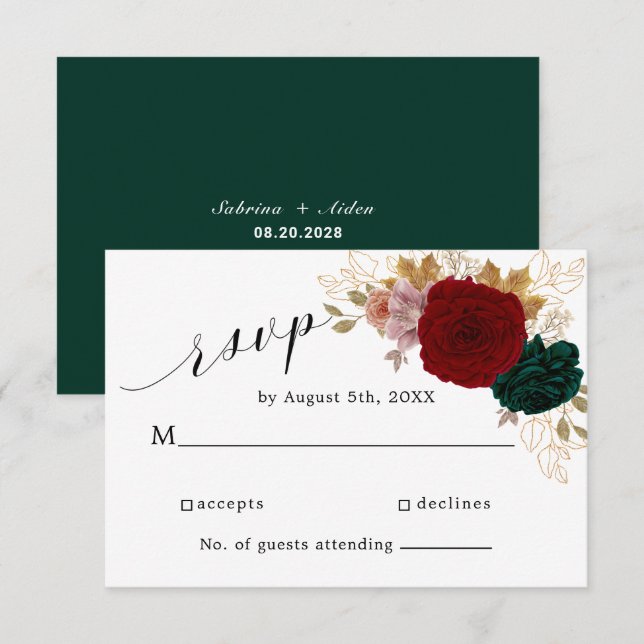 Autumnal Gold Burgundy Emerald Greeny Floral RSVP Card (Front/Back)