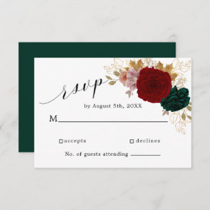 Autumnal Gold Burgundy Emerald Greeny Floral RSVP Card