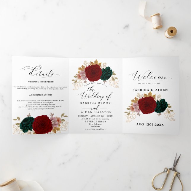 Autumnal Gold Burgundy Emerald Greeny Floral  Tri-Fold Announcement (Inside)