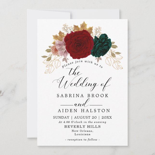 Autumnal Gold Burgundy Emerald Greeny Wedding Invitation (Front)