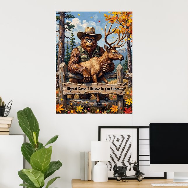 Autumnal Irony: Bigfoot's Woodland Observation Poster (Home Office)