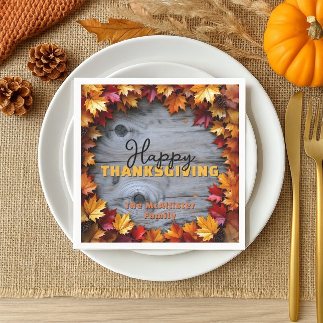 Autumnal Leaves and Rustic Wood Grain Thanksgiving Napkin (Creator Uploaded)