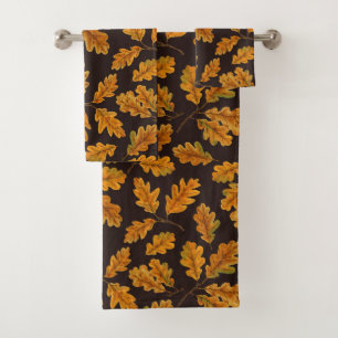 Autumnal oak leaves on dark brown bath towel set