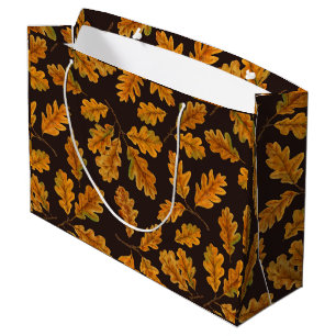 Autumnal oak leaves on dark brown large gift bag