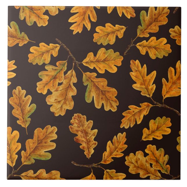 Autumnal oak leaves on dark brown tile (Front)