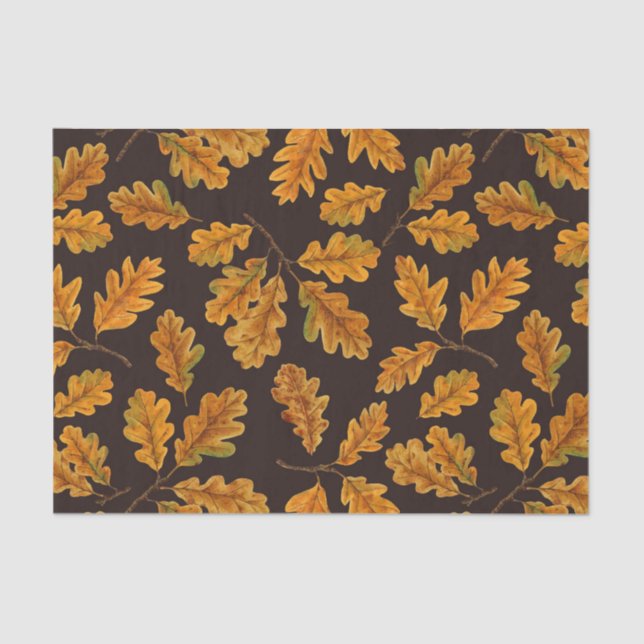 Autumnal oak leaves on dark brown tissue paper (Front)