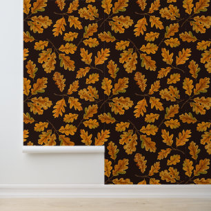 Autumnal oak leaves on dark brown wallpaper