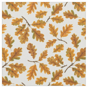 Autumnal oak leaves on off white fabric