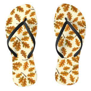 Autumnal oak leaves on off white jandals