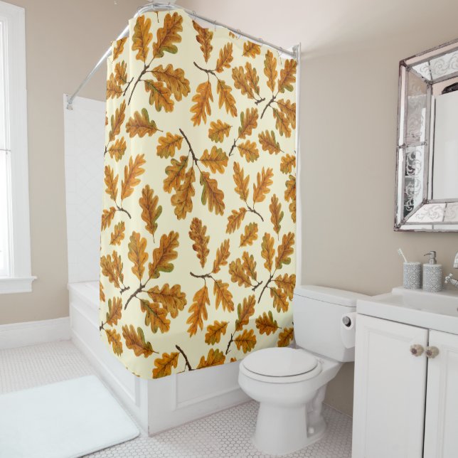 Autumnal oak leaves on off white shower curtain (In Situ)