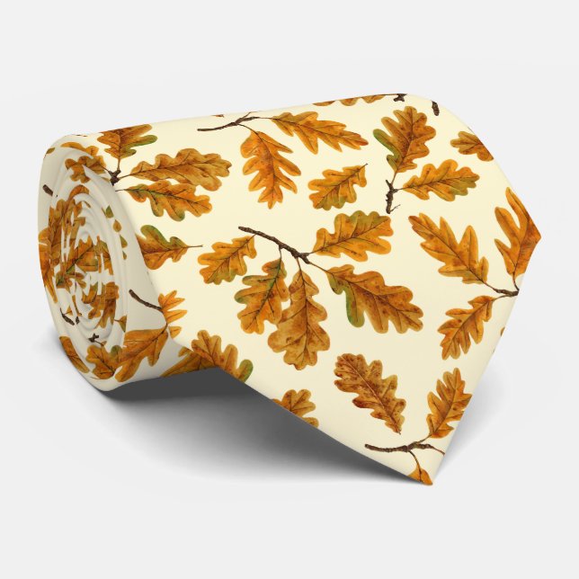 Autumnal oak leaves on off white tie (Rolled)