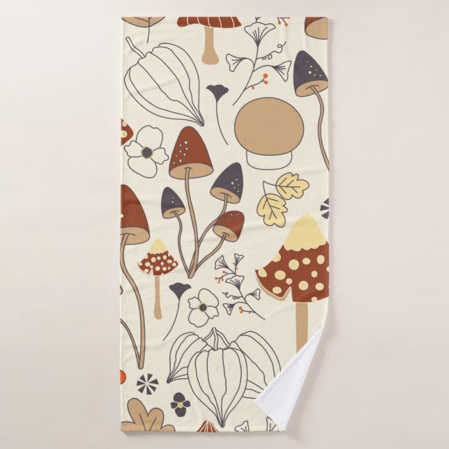Autumnal seamless pattern with mushrooms, flowers, bath towel (Bath Towel)
