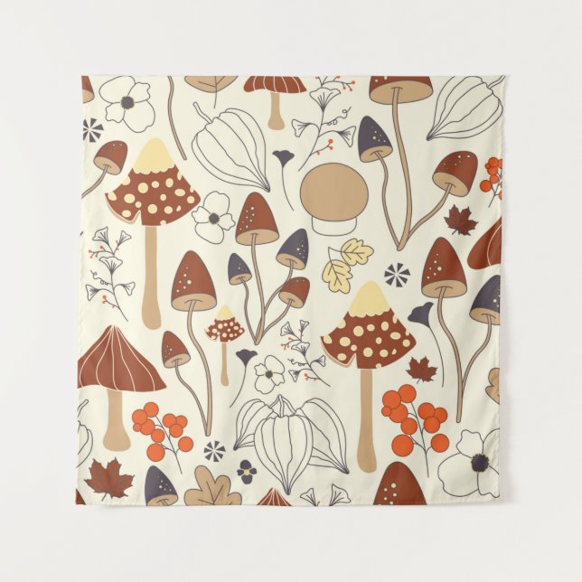 Autumnal seamless pattern with mushrooms, flowers, tapestry (Front)