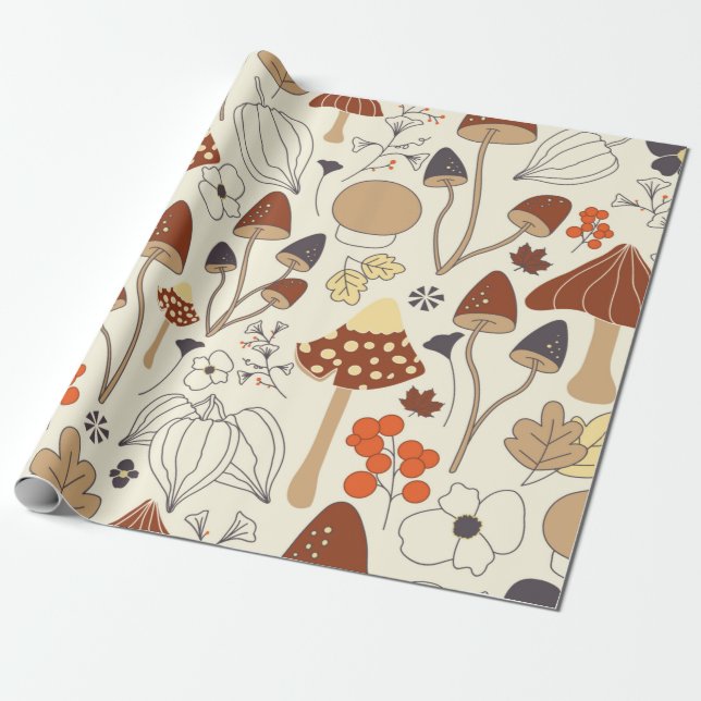 Autumnal seamless pattern with mushrooms, flowers, wrapping paper (Unrolled)