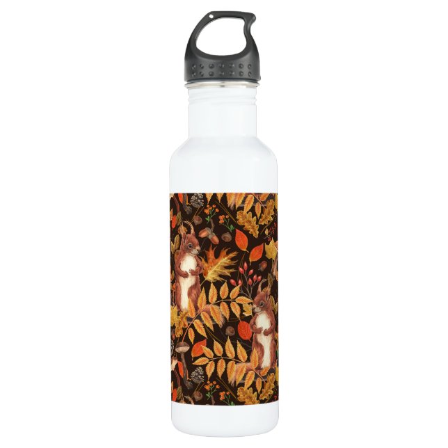 Autumnal squirrels and flora on dark brown 710 ml water bottle (Front)