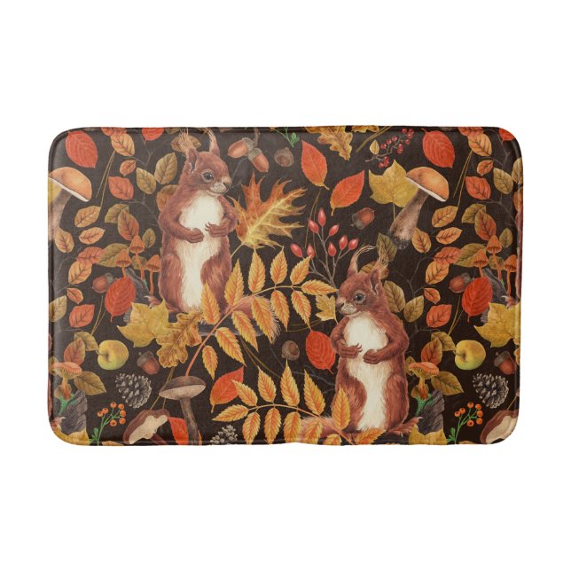 Autumnal squirrels and flora on dark brown bath mat (Front)