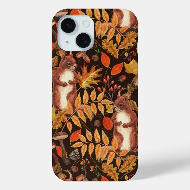 Autumnal squirrels and flora on dark brown Case-Mate iPhone case (Back)