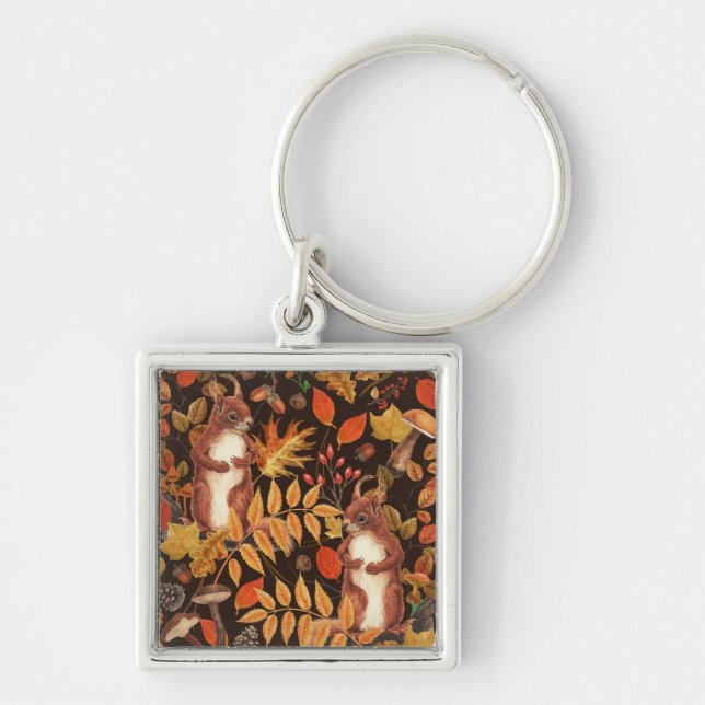 Autumnal squirrels and flora on dark brown key ring (Front)