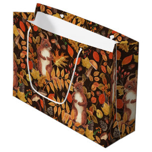 Autumnal squirrels and flora on dark brown large gift bag