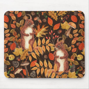 Autumnal squirrels and flora on dark brown mouse pad