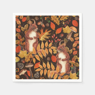 Autumnal squirrels and flora on dark brown napkin