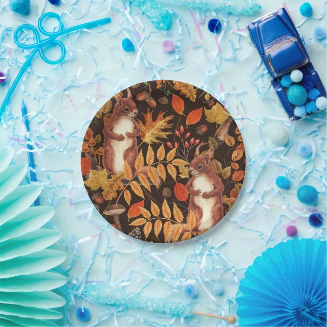 Autumnal squirrels and flora on dark brown paper plate (Party)