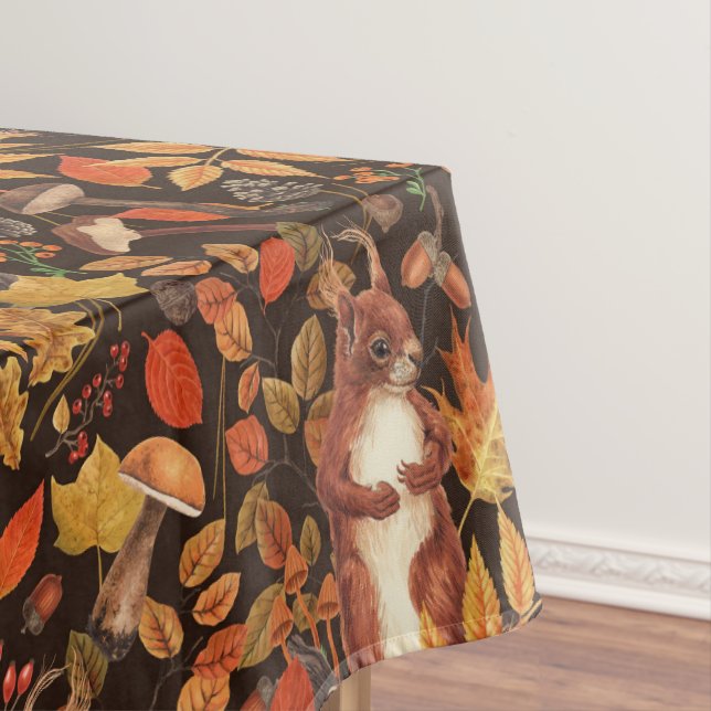 Autumnal squirrels and flora on dark brown tablecloth (In Situ)