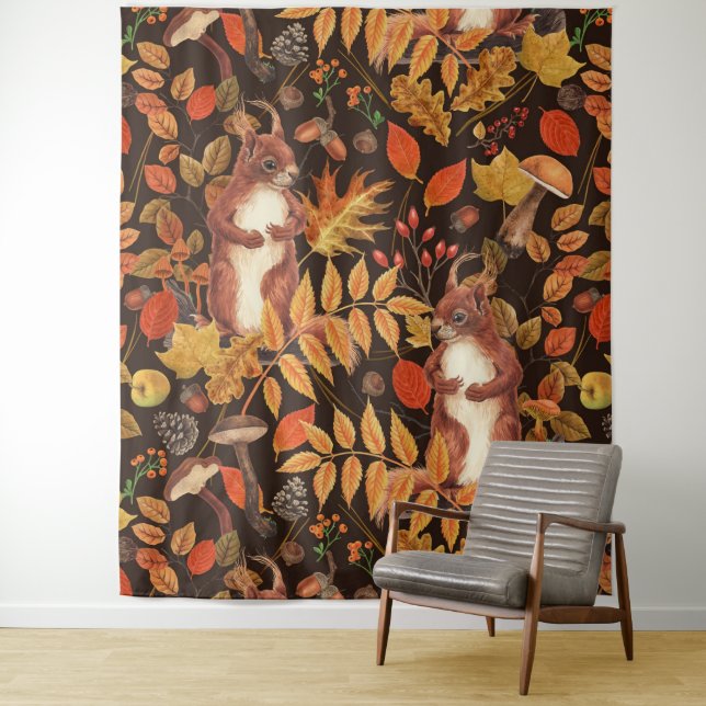 Autumnal squirrels and flora on dark brown tapestry (In Situ)