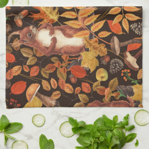 Autumnal squirrels and flora on dark brown tea towel